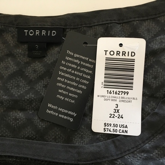 Torrid Challis Lace Trim Bell Sleeve Top Sz 3X Dark Gray Blouse Keyhole Stretch - Picture 10 of 14